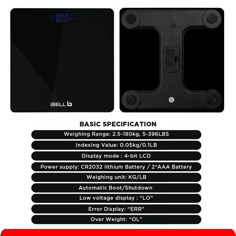 iBELL BS260M Ultra-Light Tempered Glass Backlit LCD Display Digital Personal Body Weight Weighing Scale, Bathroom Scale (180 kg) - Image 2
