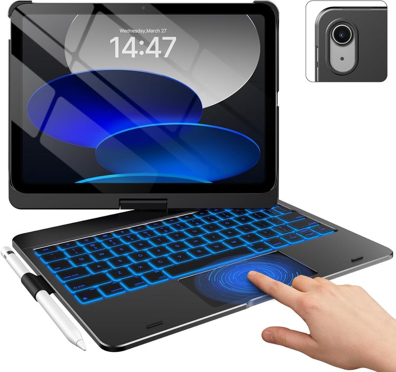typecase Touch iPad A16 11th/10th Gen Case with Keyboard, 360° Rotating | Multi-Touch Trackpad, 11-Color Backlit, Pencil Holder - Sky Blue - Image 1