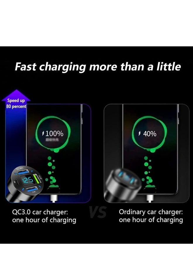 شاحن سيارة بمحول USB مع فولت متر 4 مداخل USB نوع C منفذ PD 3.1/QC 3.0 شحن سريع جداً قابس الولاعة في السيارة - Image 3