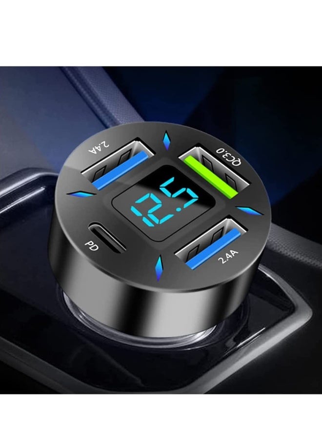 شاحن سيارة بمحول USB مع فولت متر 4 مداخل USB نوع C منفذ PD 3.1/QC 3.0 شحن سريع جداً قابس الولاعة في السيارة - Image 1