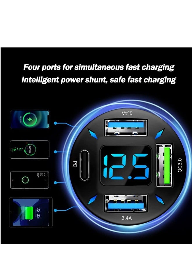 شاحن سيارة بمحول USB مع فولت متر 4 مداخل USB نوع C منفذ PD 3.1/QC 3.0 شحن سريع جداً قابس الولاعة في السيارة - Image 2