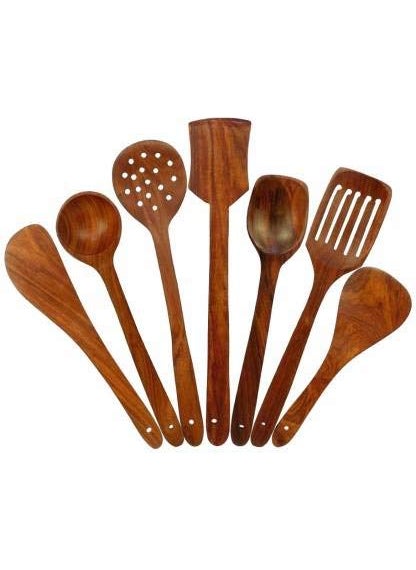 Pass Pass pass pass Handmade Wooden NonStick Serving and Cooking Spoon Kitchen Tools Utensil Set of 7 