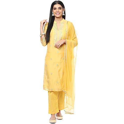 Biba Women Polyester Blend Embroidery Salwar Kurta Dupatta(Skdassorted8491_Yellow_32) - Image 1