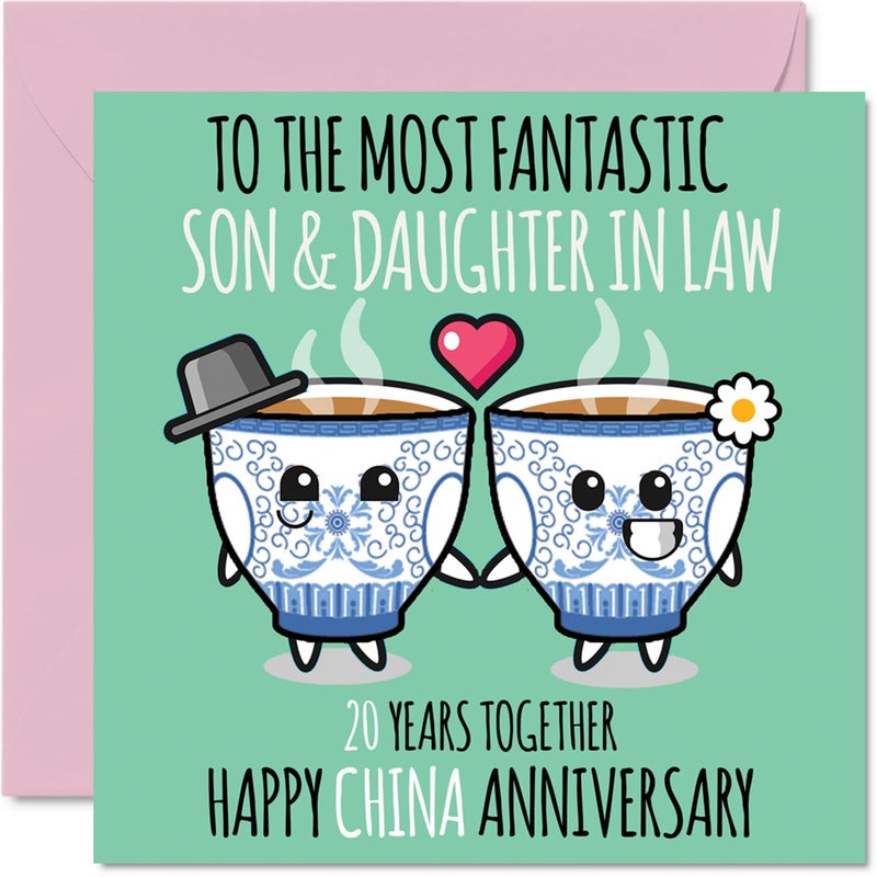 Stuff4 Cute China Anniversary Card for Son & Daughter In Law - 20 Years Together - Happy 20th Wedding Anniversary Cards for Daughter In Law Son  5.7 x 5.7 Inch Greeting Cards for Twentieth Anniversaries - Image 1