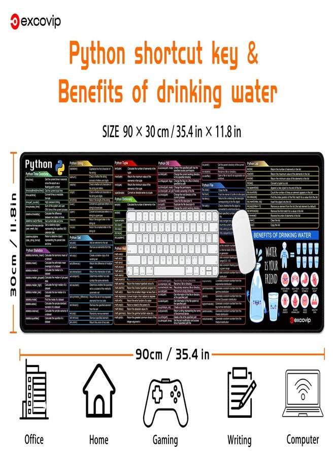 excovip Python Commands Shortcuts Mouse Pad -90x30x0.2 cm Extended Large Cheat Sheet Mousepad PC Office Spreadsheet Keyboard Mouse Mat Non-Slip Stitched Edge 0402 - Image 2