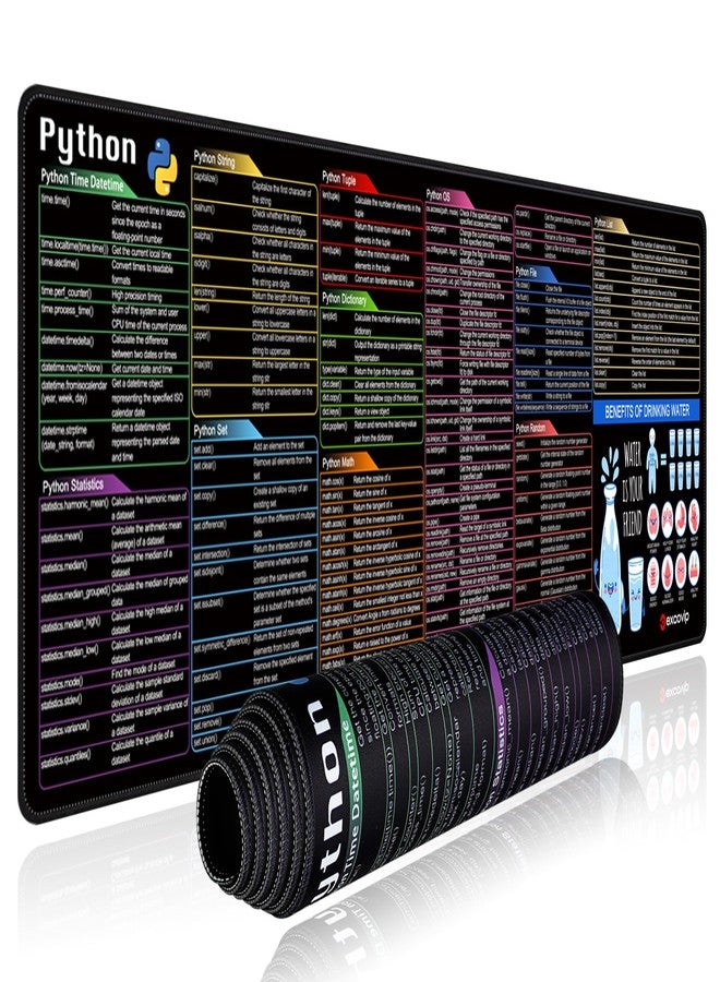 excovip Python Commands Shortcuts Mouse Pad -90x30x0.2 cm Extended Large Cheat Sheet Mousepad PC Office Spreadsheet Keyboard Mouse Mat Non-Slip Stitched Edge 0402 - Image 1