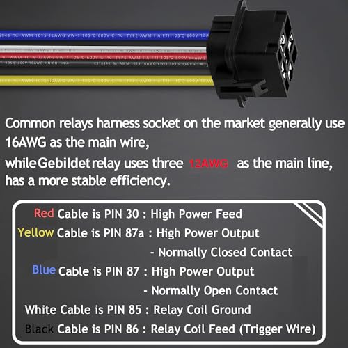 Gebildet 2pcs 40/30 Amp Waterproof Relay Switch 12AWG Harness Set with Built-in Diode- 12V DC 5-Pin SPDT Automotive Relays Hot Wires - Image 3