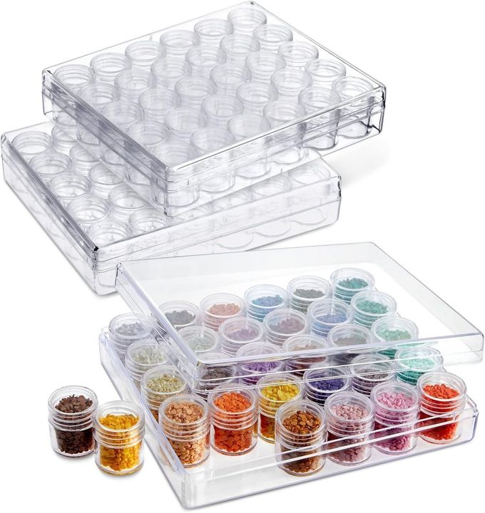 STORAGE BOX DIAMOND SMALL CLEAR PLASTIC BEAD CONTAINERS WITH LID FOR JEWELRY PAINTING ART CRAFT RHINESTONES SEWING COSMETIC NAIL GLITTER POWDER 30PCS ROUND BEAD STORAGE BOX