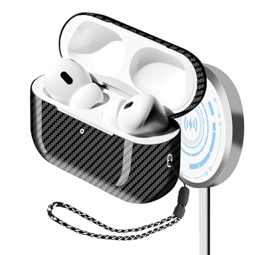 MONOCARBON حافظة MONOCARBON من ألياف الكربون الحقيقية لسماعات Airpods Pro الجيل الثاني مع حبل، غلاف صلب واقي رفيع مضاد للخدش لسماعات Airpods Pro 2 متوافق مع شحن MagSafe اللاسلكي - أسود لامع من قماش تويل - Image 1
