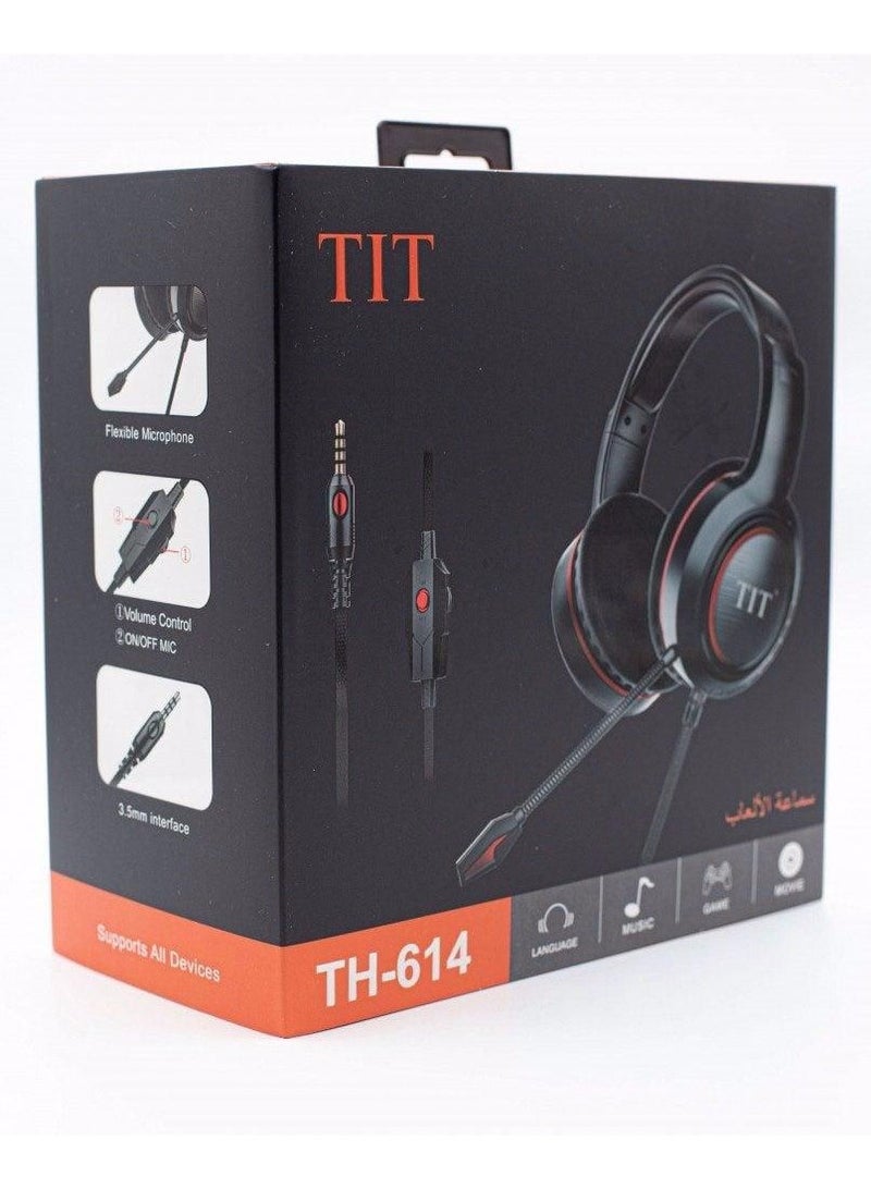 TIT TH-614 Wired Over-Ear Gaming Headphones with Flexible  Microphone, Volume Control, 3.5mm Interface,Headset with 40mm Drivers Unit, Deep Bass for Computer Games,Playstations, Music, Movies, and Universal Device Compatibility - Black - Image 2