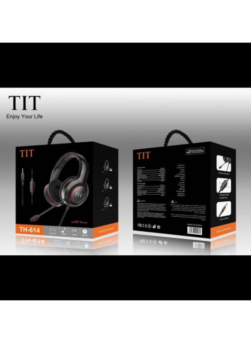 TIT TH-614 Wired Over-Ear Gaming Headphones with Flexible  Microphone, Volume Control, 3.5mm Interface,Headset with 40mm Drivers Unit, Deep Bass for Computer Games,Playstations, Music, Movies, and Universal Device Compatibility - Black - Image 5