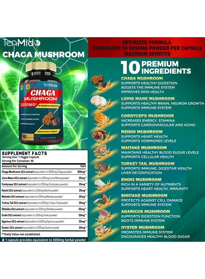 Tenmido Chaga Mushroom Extract Capsules Equivalent to 5050mg & Lions Mane, Cordyceps and More | Digestive Health, Anti-Aging, Immune Support | Energy Boost, Rich in Antioxidants & Nutrients, 3 Months Supply - Image 1