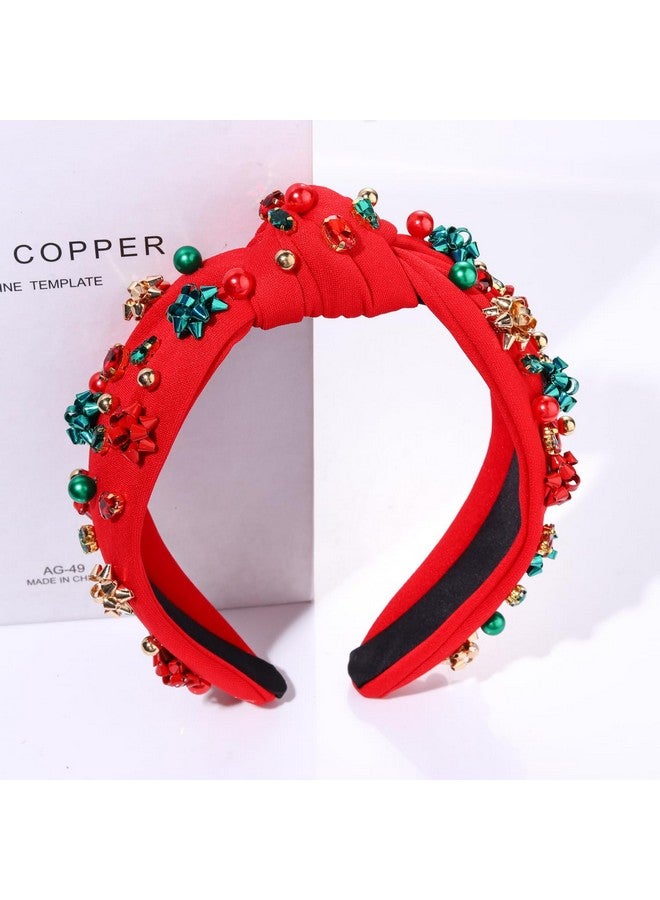 سيالكسهيني عصابة رأس عيد الميلاد للنساء مكونة من قطعتين - عصابة رأس على شكل قوس عيد الميلاد وشجرة معقودة بعقدة علوية مرصعة باللؤلؤ والكريستال الأخضر والأحمر - إكسسوارات شعر احتفالية للعطلات - هدايا للحفلات - Image 4