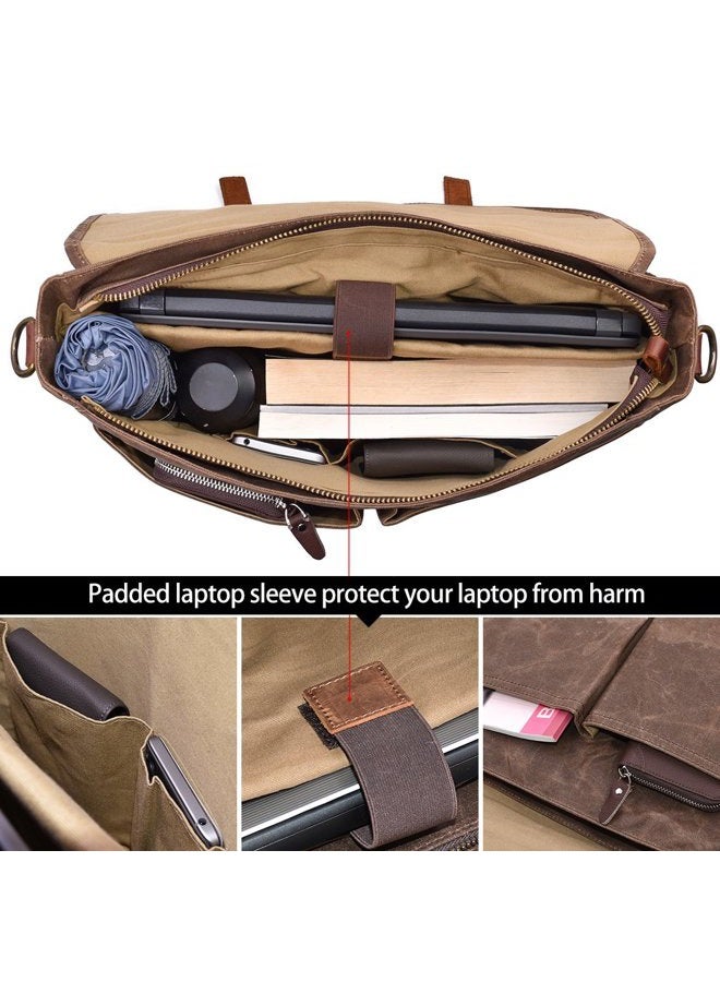 NEWHEY Mens Messenger Bag 15.6 Inch Waterproof Vintage Genuine Leather Waxed Canvas Briefcase Large Satchel Shoulder Bag Rugged Leather Computer Laptop Bag, Brown - Image 4
