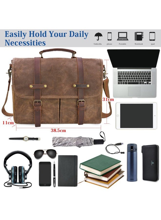 NEWHEY Mens Messenger Bag 15.6 Inch Waterproof Vintage Genuine Leather Waxed Canvas Briefcase Large Satchel Shoulder Bag Rugged Leather Computer Laptop Bag, Brown - Image 3