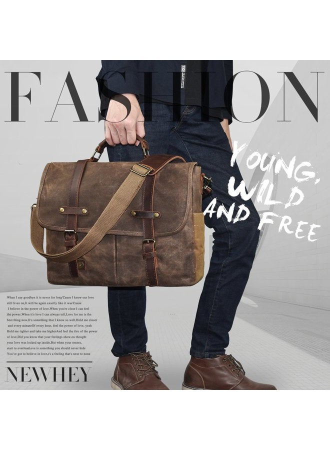 NEWHEY Mens Messenger Bag 15.6 Inch Waterproof Vintage Genuine Leather Waxed Canvas Briefcase Large Satchel Shoulder Bag Rugged Leather Computer Laptop Bag, Brown - Image 5