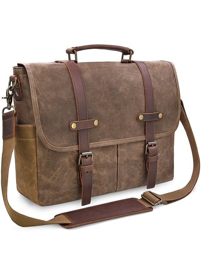 NEWHEY Mens Messenger Bag 15.6 Inch Waterproof Vintage Genuine Leather Waxed Canvas Briefcase Large Satchel Shoulder Bag Rugged Leather Computer Laptop Bag, Brown - Image 1
