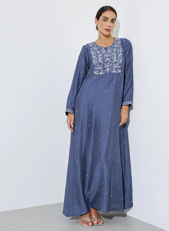 أميرة Blue Embroidered A-Line Jalabiya