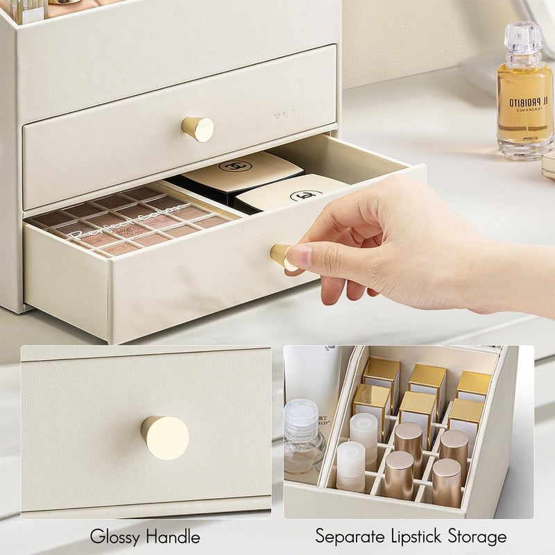 Vlando Makeup Organizer for Vanity - PU Leather Skin Care Storage for Lipstick,Brushes,Perfumes - Large Capacity Bathroom Counter Organizer with Drawers - Beige - Image 5