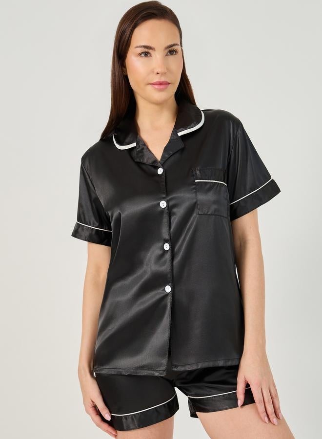 Styli Solid Satin Button Through Shirt and Shorts Pyjama Set  - Image 3