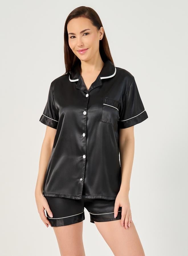 Styli Solid Satin Button Through Shirt and Shorts Pyjama Set  - Image 1