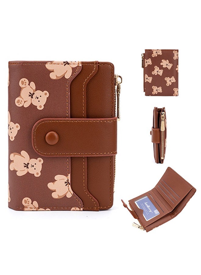 baellerry Cute Wallet for Women, Bear Print Zip Bifold Wallet with Front Card Slot, ID Window, Cash Slot, Short Women Wallet Elegant Youthful and Cute (Brown)  - Image 1