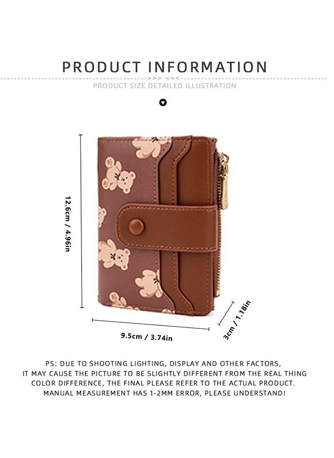 baellerry Cute Wallet for Women, Bear Print Zip Bifold Wallet with Front Card Slot, ID Window, Cash Slot, Short Women Wallet Elegant Youthful and Cute (Brown)  - Image 2
