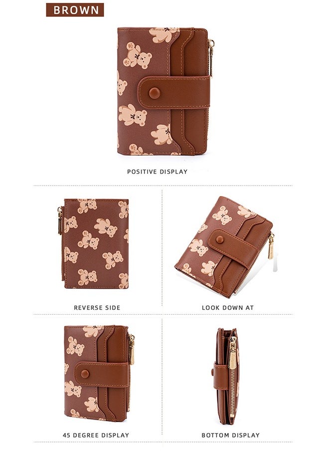 baellerry Cute Wallet for Women, Bear Print Zip Bifold Wallet with Front Card Slot, ID Window, Cash Slot, Short Women Wallet Elegant Youthful and Cute (Brown)  - Image 4