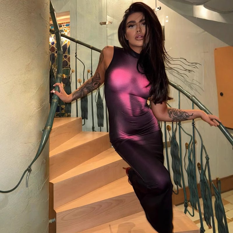 Women's Fashion 3D Print Sleeveless Bodycon Stretch Maxi Dress - Image 3