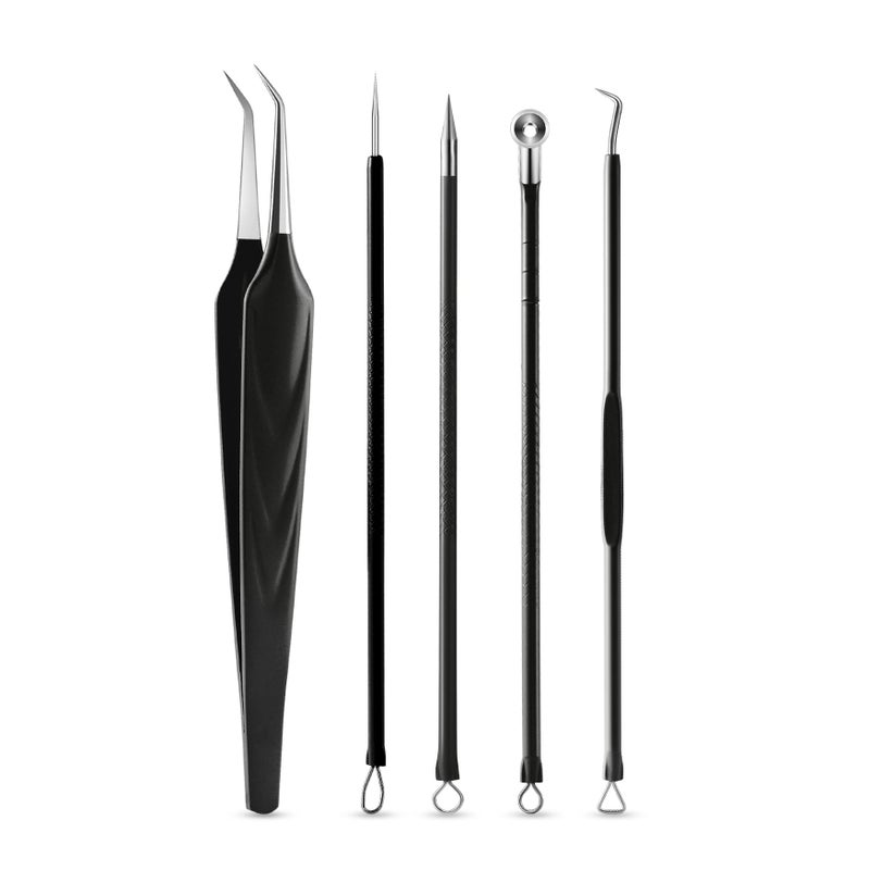 FVION Blackhead and Acne Extractor Kit, Professional Pimple Popper Tool Kit, Acne Tweezers and Blackhead Remover Tools for Face, 5 PCS Surgical Extractor Pimple Popping Tools - Image 1