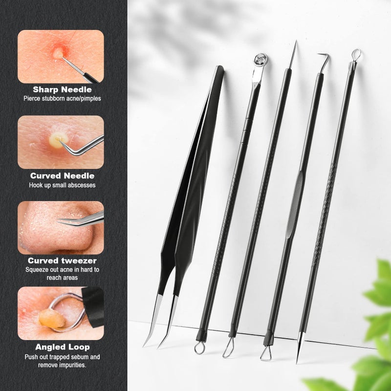 FVION Blackhead and Acne Extractor Kit, Professional Pimple Popper Tool Kit, Acne Tweezers and Blackhead Remover Tools for Face, 5 PCS Surgical Extractor Pimple Popping Tools - Image 2