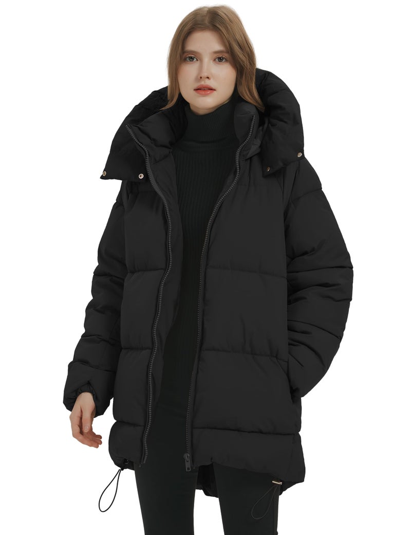 PEHMEA Women MidLength Puffer Hooded Jacket Winter Padded Warm Coat Thicken Outerwear CoatsBlackS