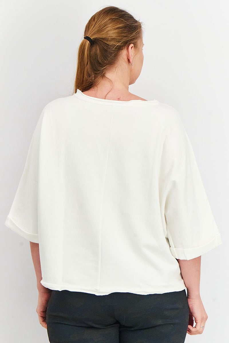 Tchibo سويت شيرت نسائي مزخرف بأكمام 3/4، أبيض - Image 3