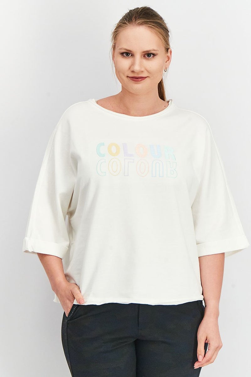 Tchibo سويت شيرت نسائي مزخرف بأكمام 3/4، أبيض - Image 1