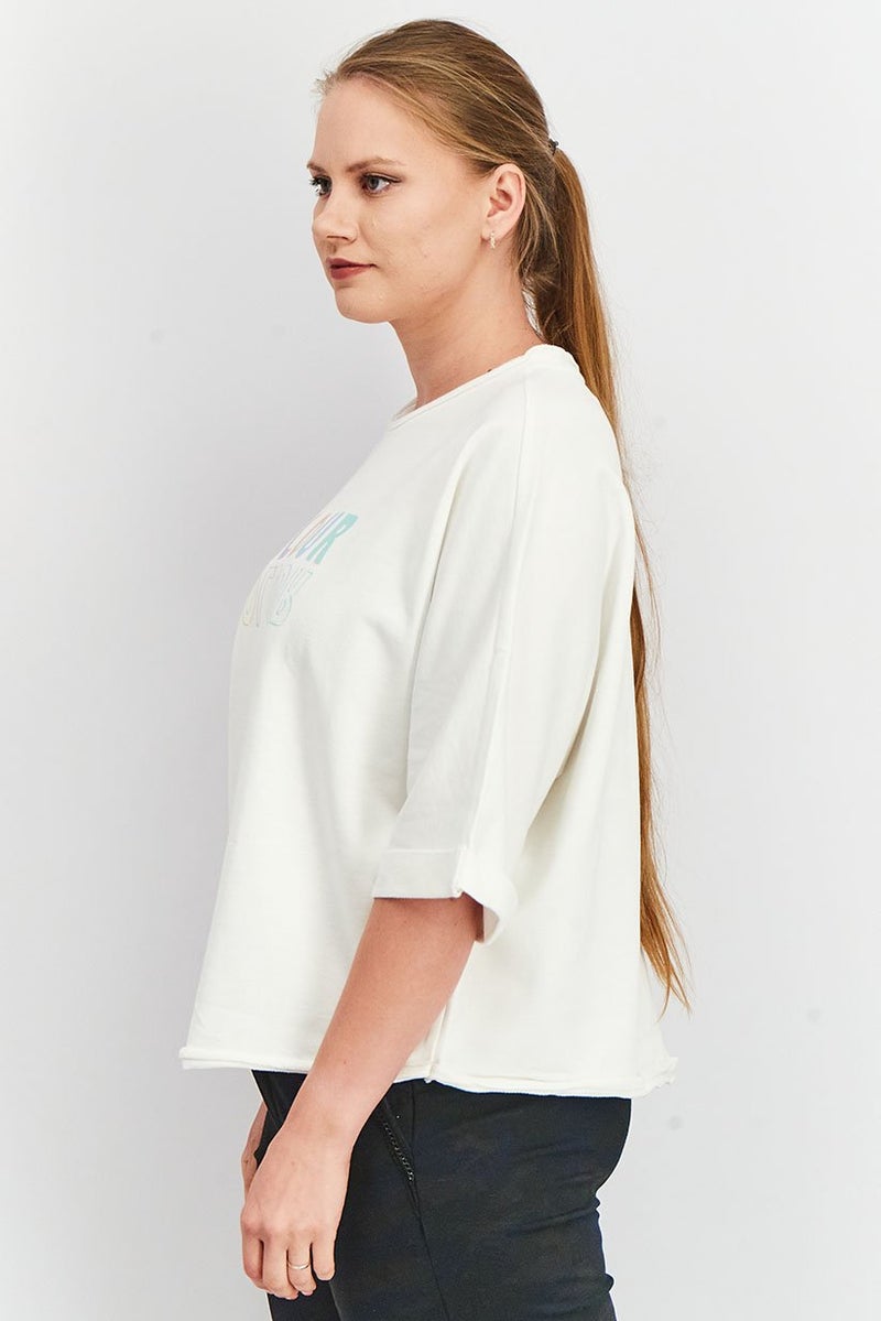 Tchibo سويت شيرت نسائي مزخرف بأكمام 3/4، أبيض - Image 4