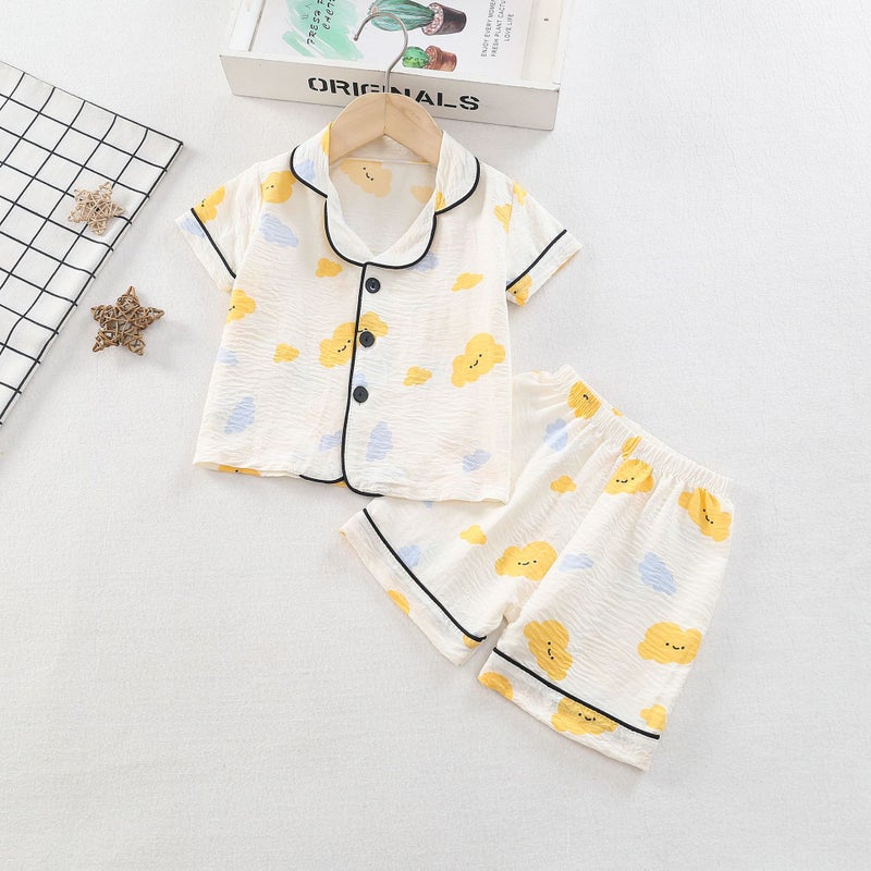 Foreign Trade Boys and Girls Home Clothes suit Summer New Cute Baby Soft and Comfortable Breathable Cloud Cotton Short Sleeve creamy-white is full of clouds