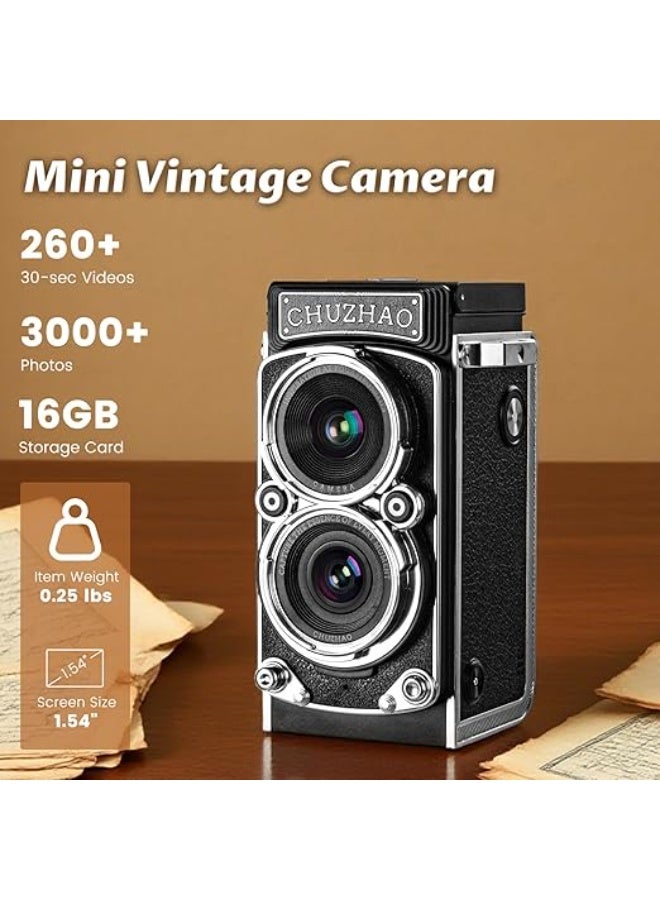 LENND Vintage Mini Digital Camera, Portable TLR Style Retro Point and Shoot Compact Small Pocket 1080P FHD Video 12MP Autofocus Vlogging Camera with 16 GB Card for Beginners Teens Adults Kids Black - Image 2