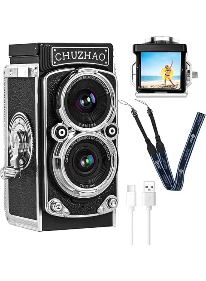 LENND Vintage Mini Digital Camera, Portable TLR Style Retro Point and Shoot Compact Small Pocket 1080P FHD Video 12MP Autofocus Vlogging Camera with 16 GB Card for Beginners Teens Adults Kids Black - Image 1