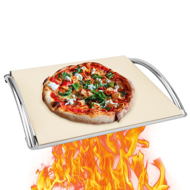 Skyflame 16 Rectangle Pizza Stone and Stainless Steel Rack with Handle Heavy Duty Baking Stone Ideal for Most CharcoalGas Grills Pizza Oven and Smoker