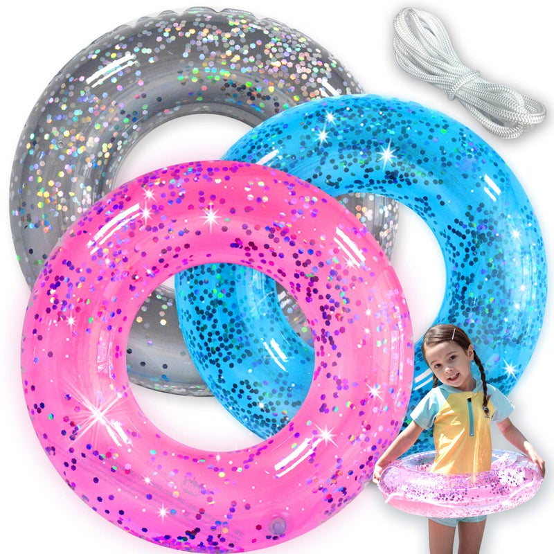Animsco Pool Floats Kids 3 Pack, Inflatable Swim Rings for Kids Pool Tubes Toys, Pool Floats Ring Toys, Summer Beach Swimming Pool Floats Party Supplies + Patch&Tow Rope - Image 1