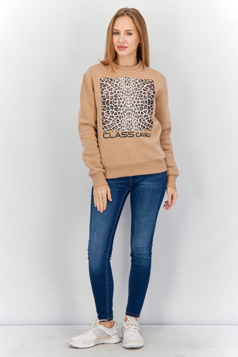 Cavalli Class Women Round Neck Animal Print Sweatshirt, Tan - Image 3
