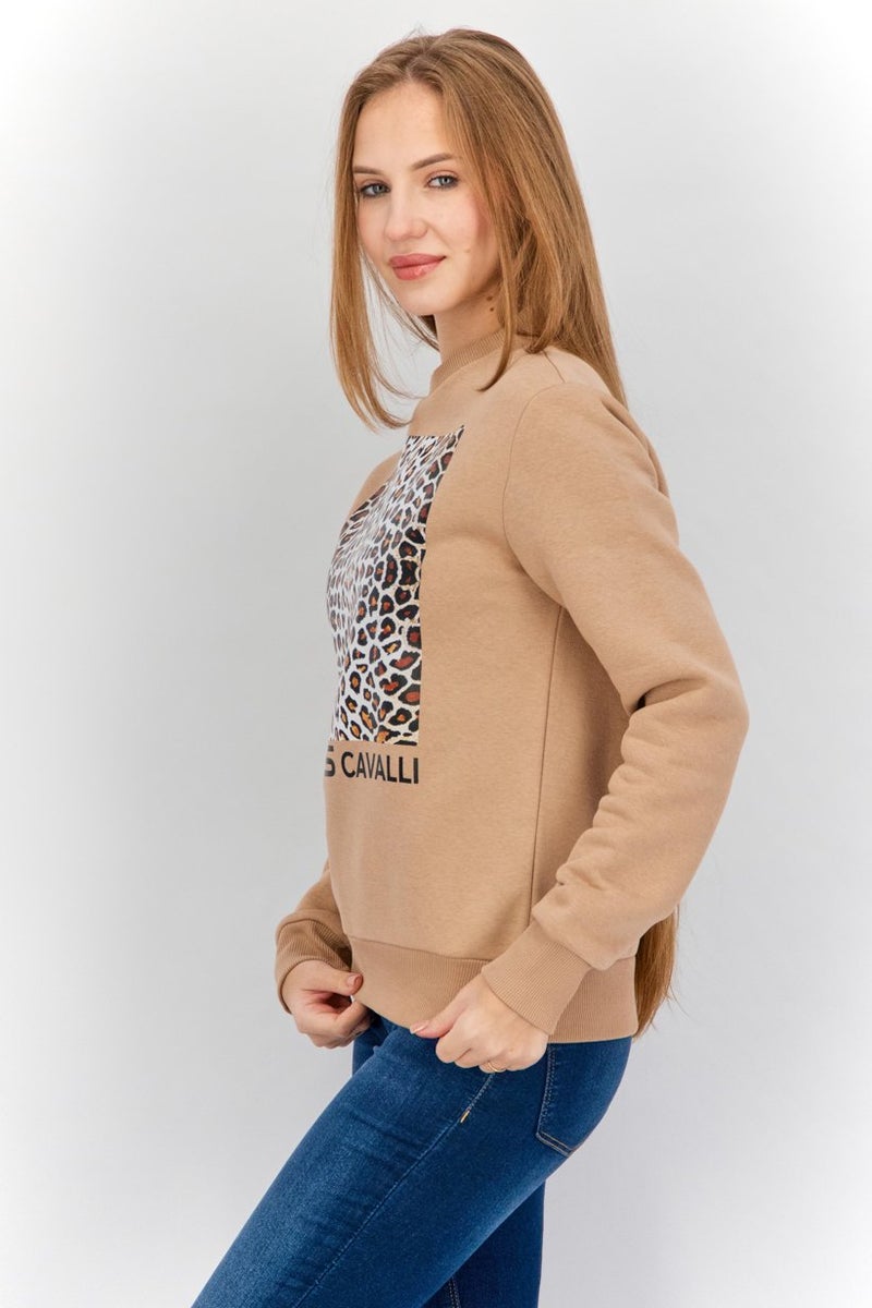 Cavalli Class Women Round Neck Animal Print Sweatshirt, Tan - Image 2