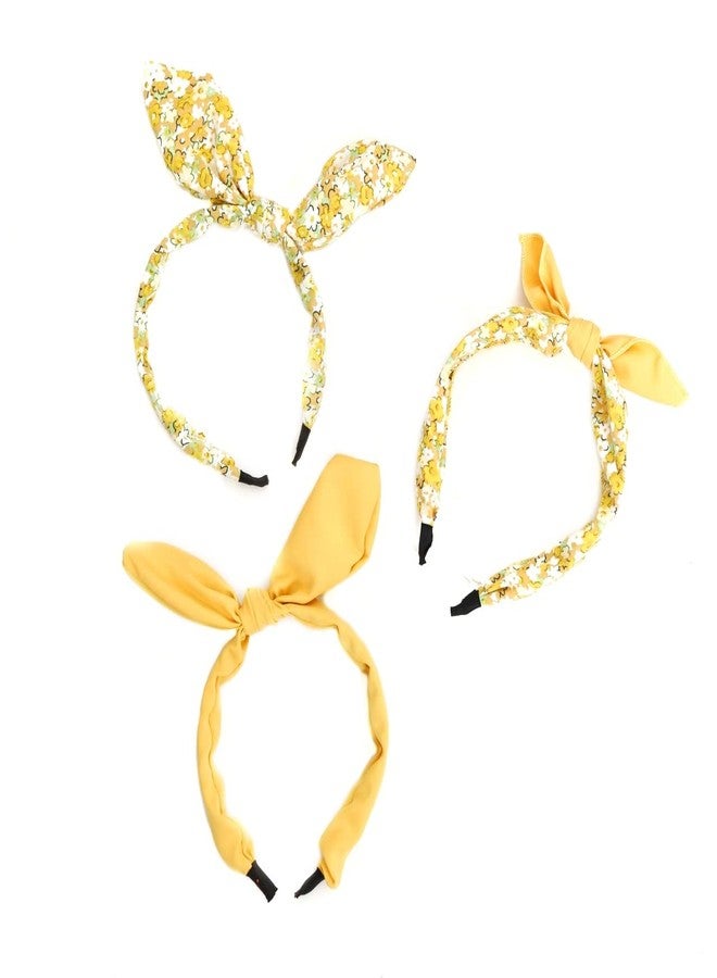 Yellow Bee Set of 3 Printed and Solid Hair Bands for Girls - Yellow - Image 1