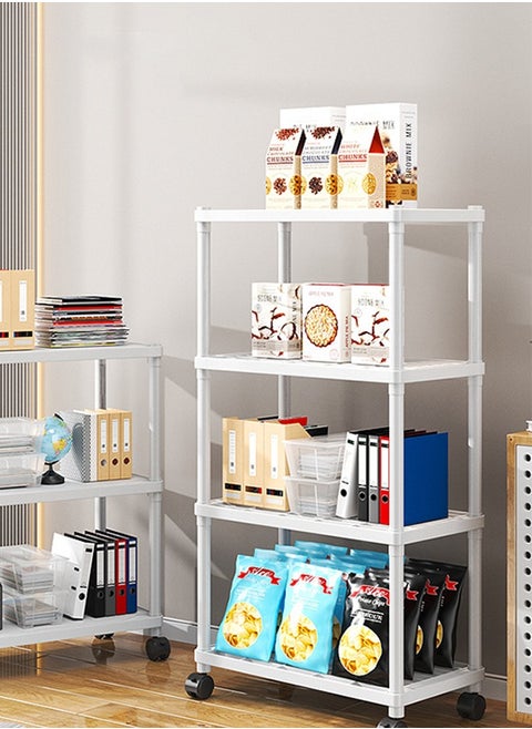 4-Tier Plastic Rolling Utility Cart with Handle, Multi-Functional Storage Trolley for Office, Living Room, Kitchen, Movable Storage Organizer with Wheels, White