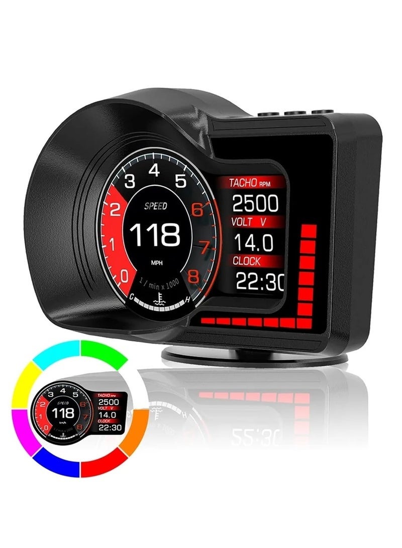 HUD OBD2 Car Hud Guage Head Up Display Speedometer Adjustable 8-Color Overspeed Water Temp Voltage Alarm Fatigue Drive Reminder Car Auto Accessories