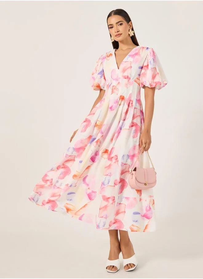 ستايلي Styli Floral Print Balloon Sleeves A-Line Maxi Dress