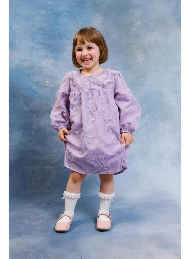 Perendi Girl's Baby Collar Flower-Embroidered Brocade Dress – Lined with Cotton Jersey