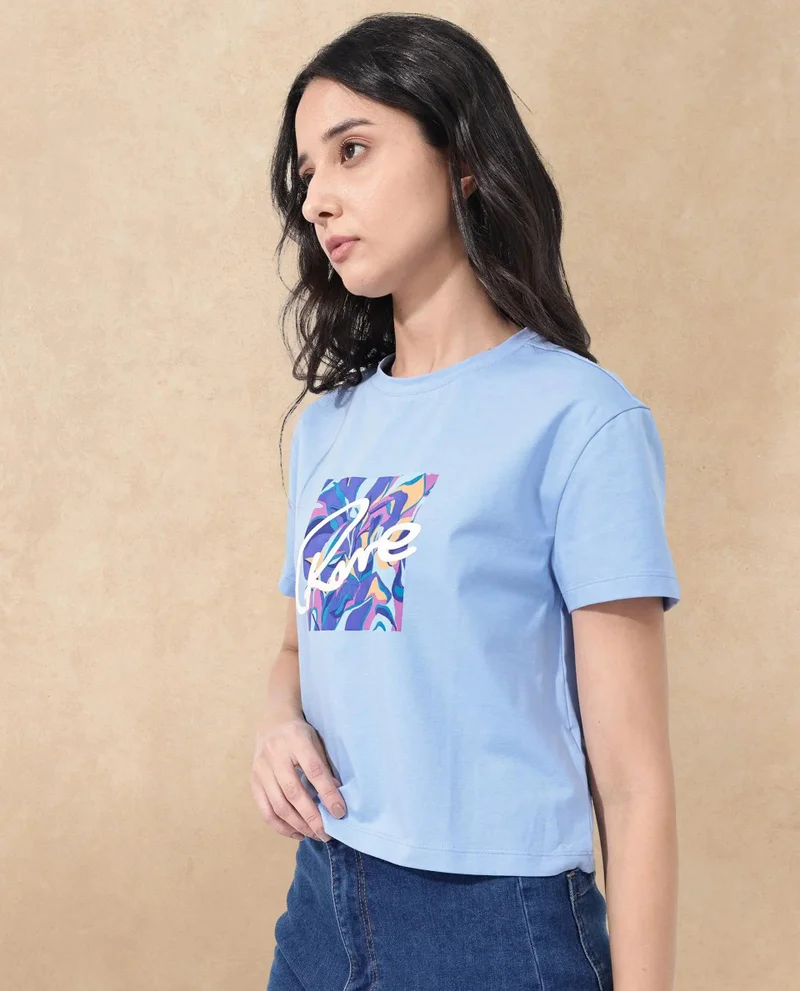 Rareism Women's Chest Graphic Print Boxy Fit T-Shirt