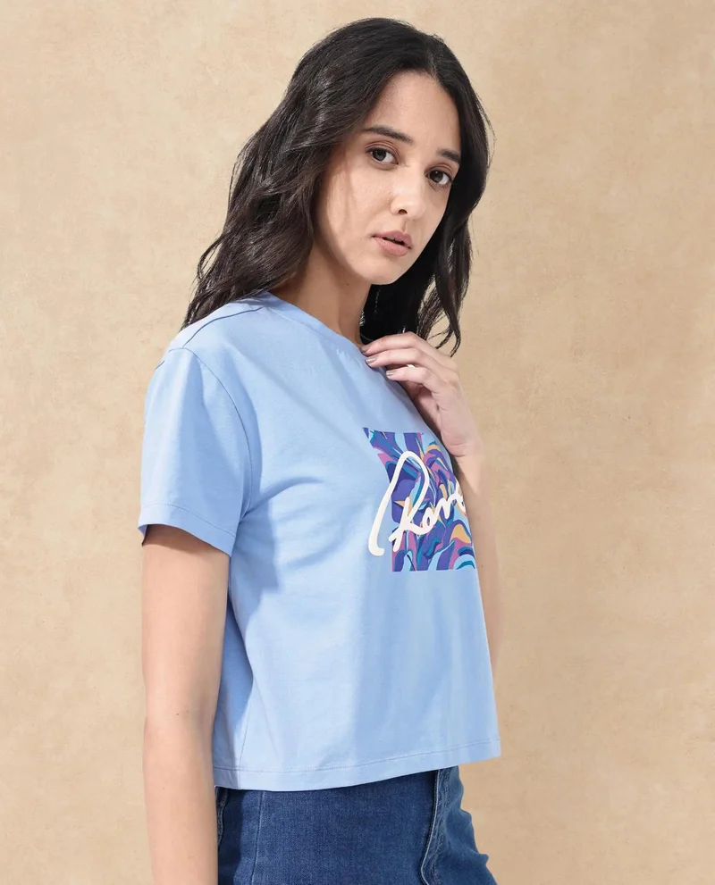 Rareism Women's Chest Graphic Print Boxy Fit T-Shirt