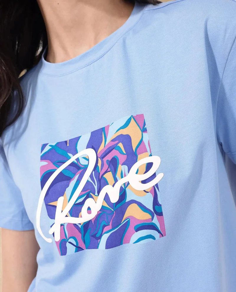 Rareism Women's Chest Graphic Print Boxy Fit T-Shirt